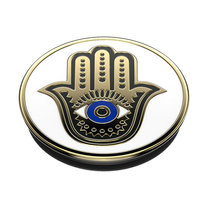 Hamsa-Hand-Symbol, Auge in der Handfläche, Gold und Schwarz, weißer Hintergrund.