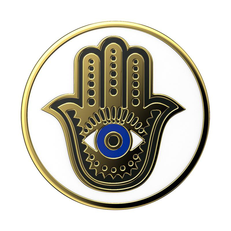 Goldenes Hamsa-Hand-Symbol mit blauem Auge, auf weißem Hintergrund.