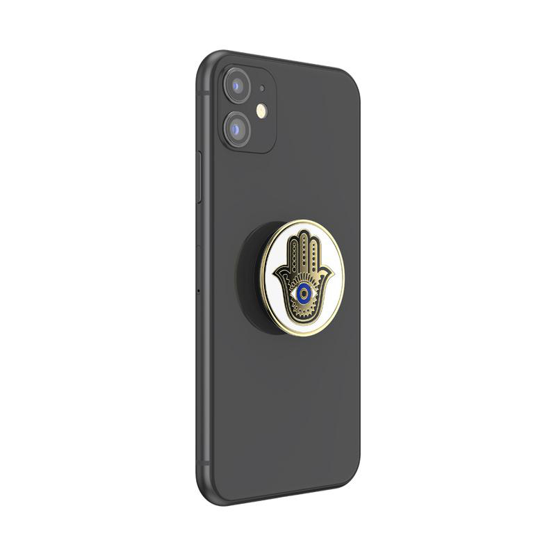 Ein schwarzes iPhone mit einem PopSocket mit einem Hamsa-Hand-Design.