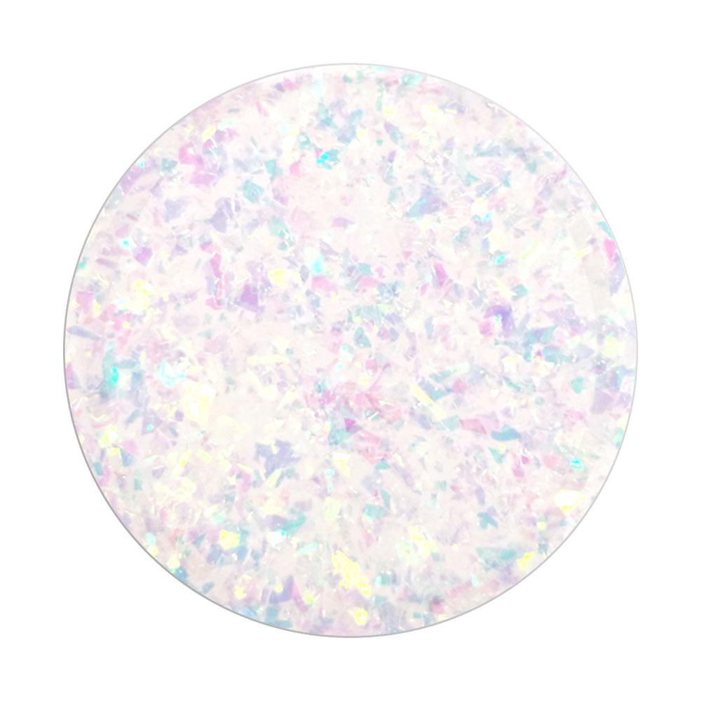 Eine runde, irisierende Oberfläche mit vielen Farben und Formen auf weißem Hintergrund.