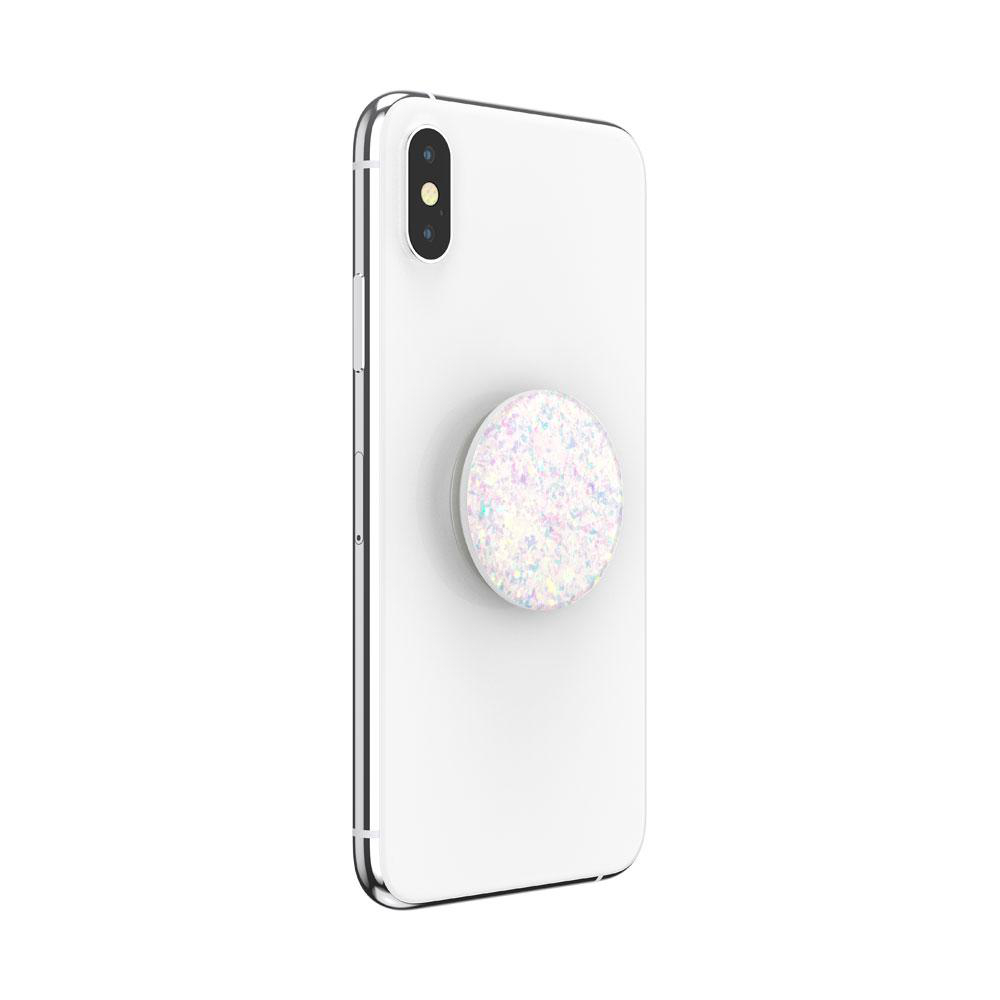 Weißes Telefon mit einem glitzernden PopSockets-Griff. Rückansicht.
