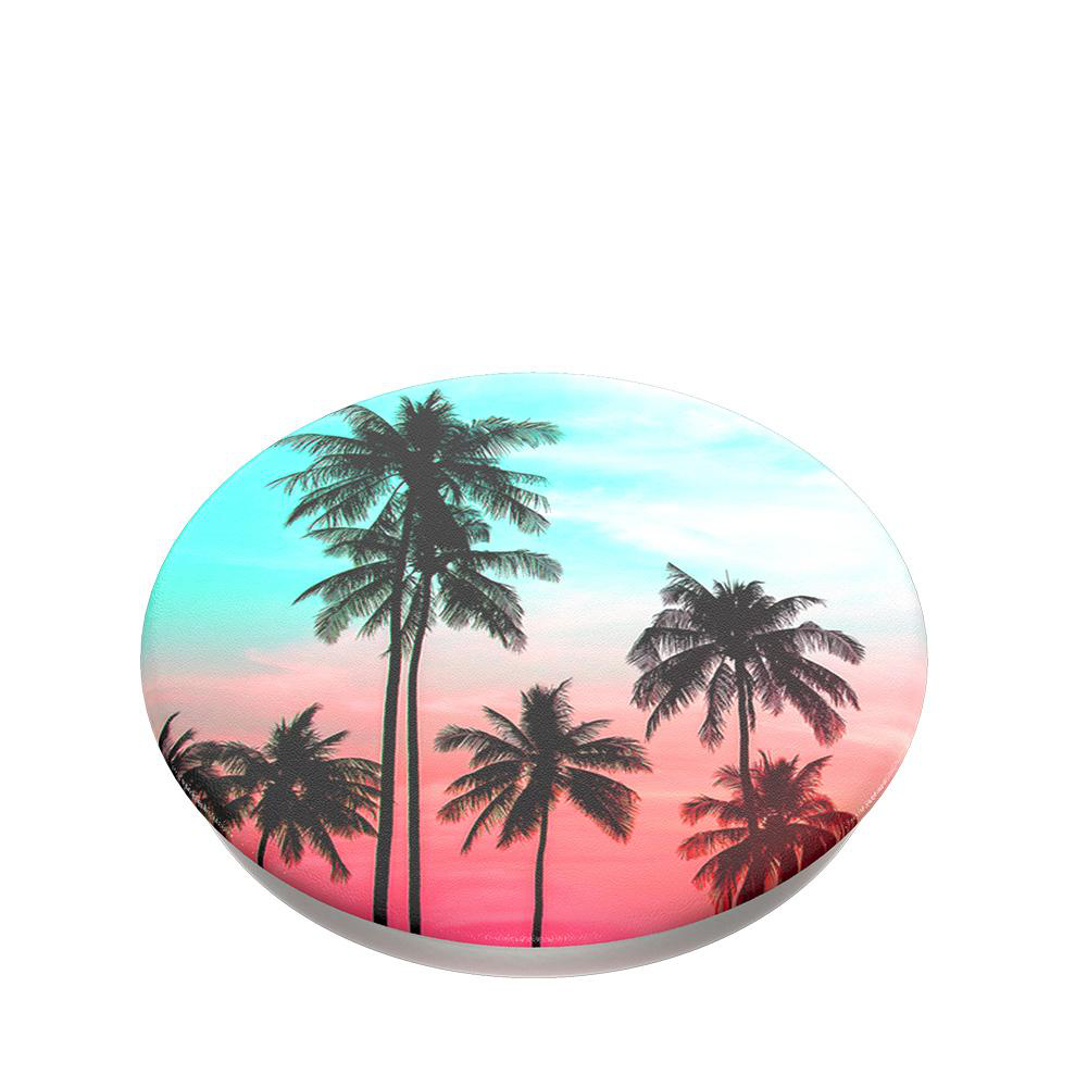 Ein PopSocket mit einer Strandszene mit Palmen und Sonnenuntergang.