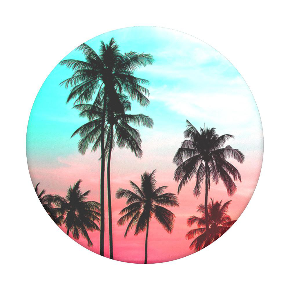 PopSocket mit kreisförmigem Design. Es zeigt Palmen unter einem lebendigen Himmel.