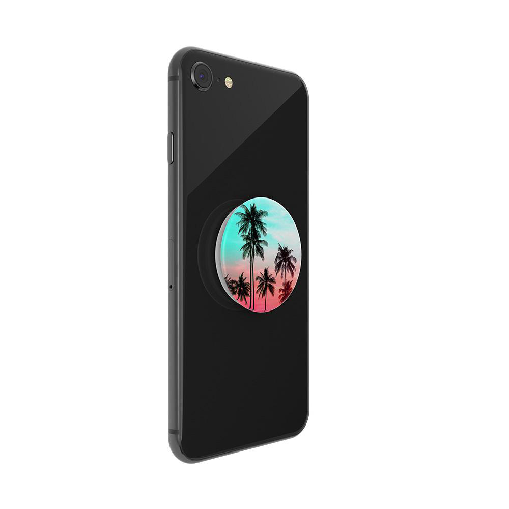 Schwarzes Telefon mit Palmen-Handygriff, Sonnenuntergangsfarben.