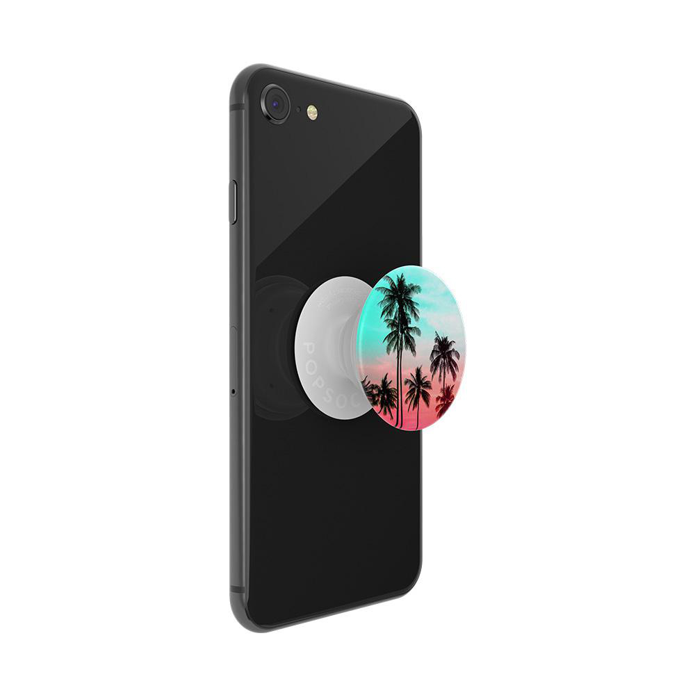 Schwarzes Smartphone mit einem weißen PopSocket mit einer tropischen Strandszene mit Palmen.