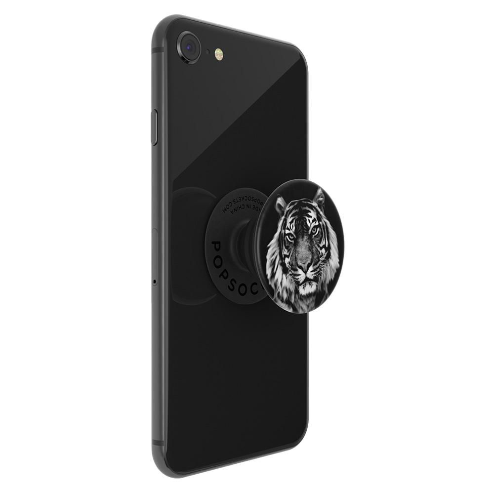 Ein schwarzes Smartphone mit einem Tiger-Design-Pop-up-Griff.