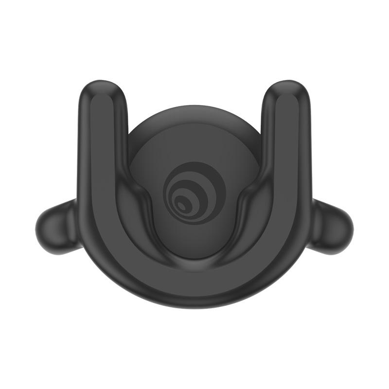 Schwarzer Telefonständer mit U-förmigem Design und zentralem Logo.