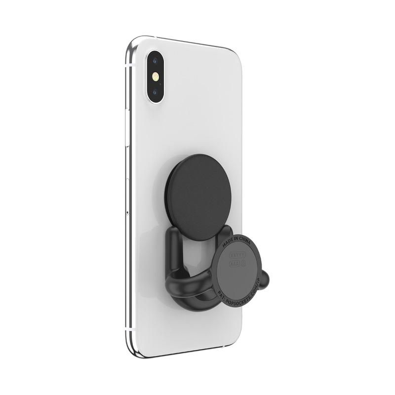 Ein weißes Smartphone mit einem schwarzen Pop-Socket auf der Rückseite, zeigt die Rückseite des Telefons.