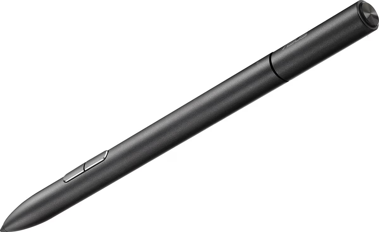 Un stylet gris foncé avec deux boutons sur le côté. La pointe est pointue.