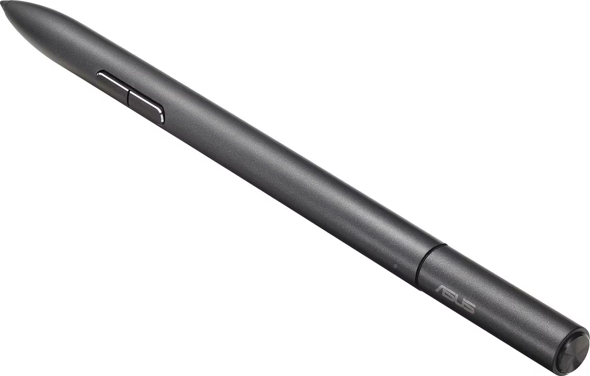 Un stylet gris avec deux boutons et le logo ASUS en bas.