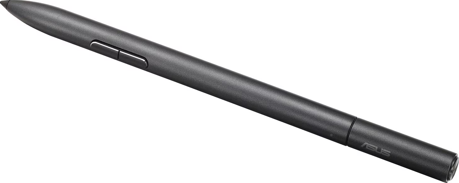 Stylet gris foncé avec deux boutons sur le côté. Fond blanc.