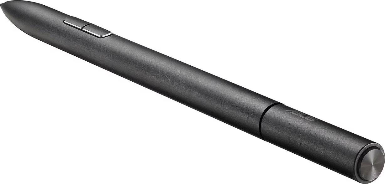 Un stylet gris foncé. Il a une forme cylindrique avec deux boutons et un sommet arrondi.