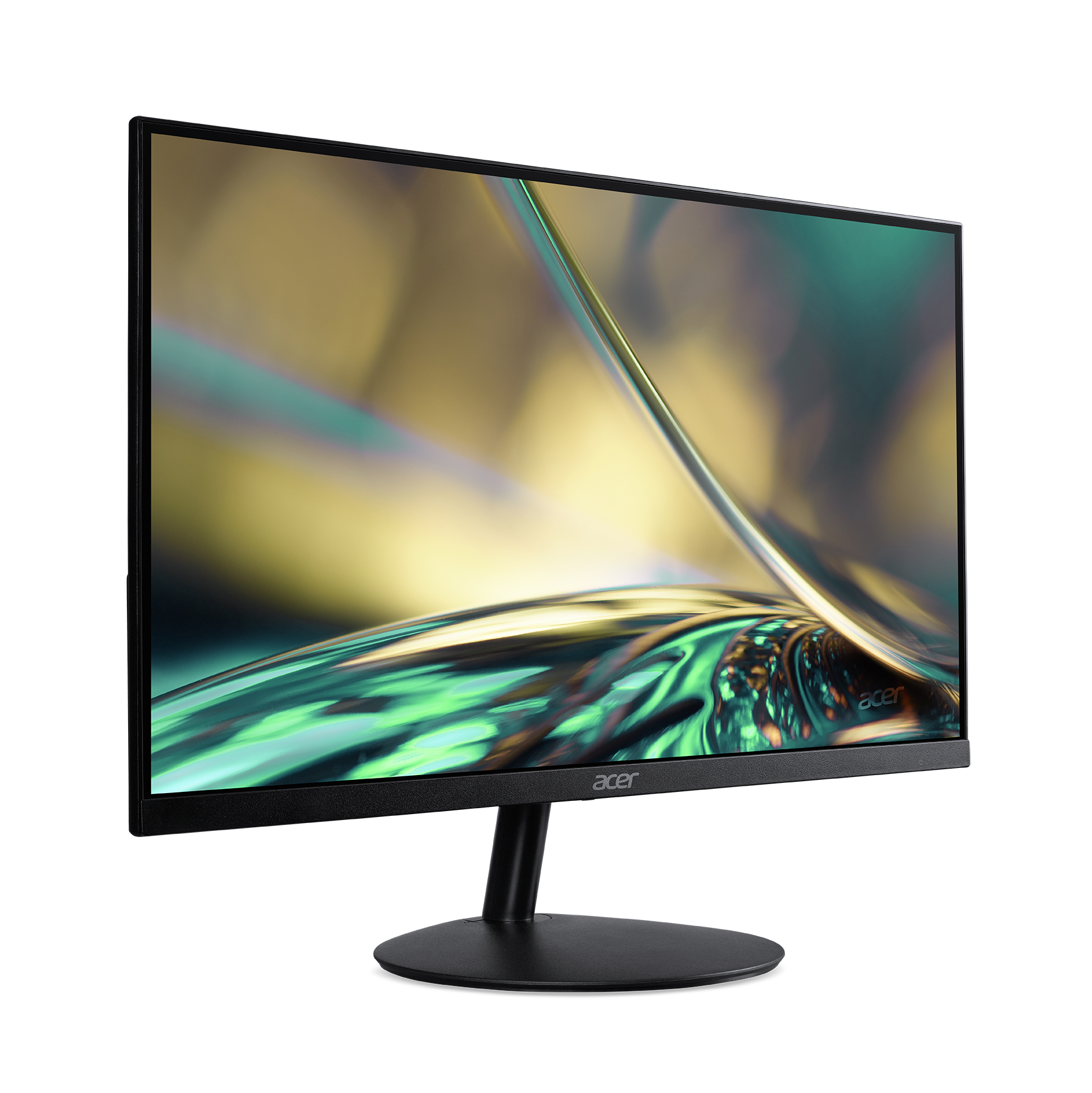 Monitor Acer con marco y soporte negros, mostrando un fondo abstracto y colorido.