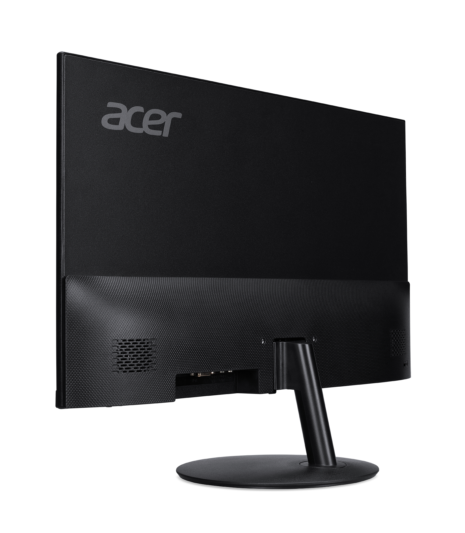 Parte trasera de un monitor Acer negro. El soporte es negro. El logo está arriba a la izquierda.