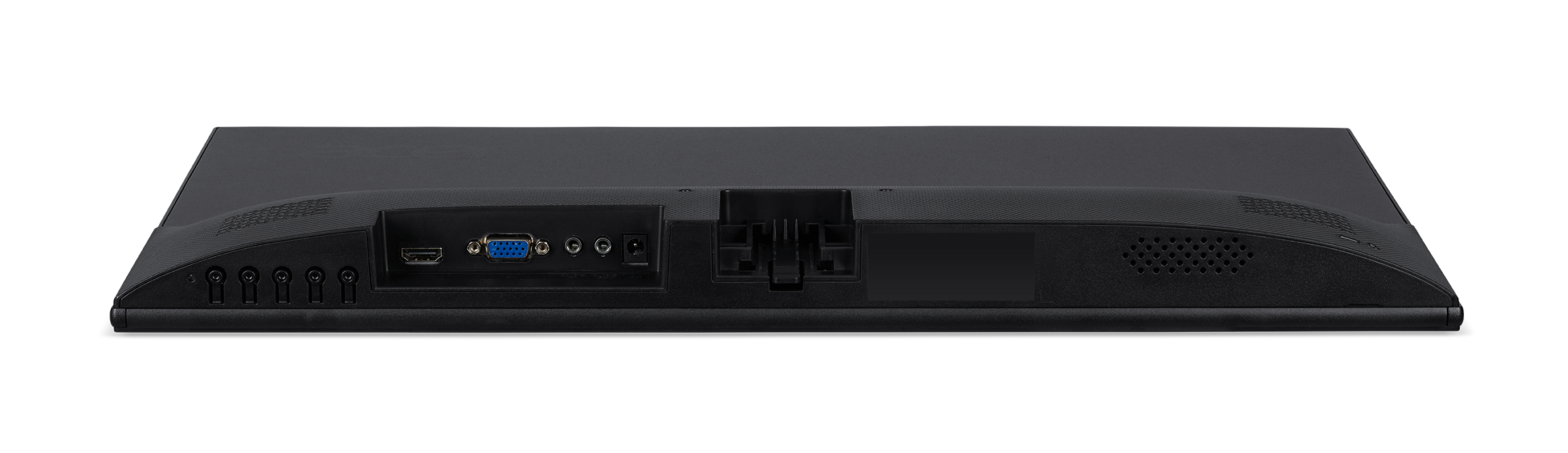 Parte trasera de un monitor negro. Varios puertos visibles.