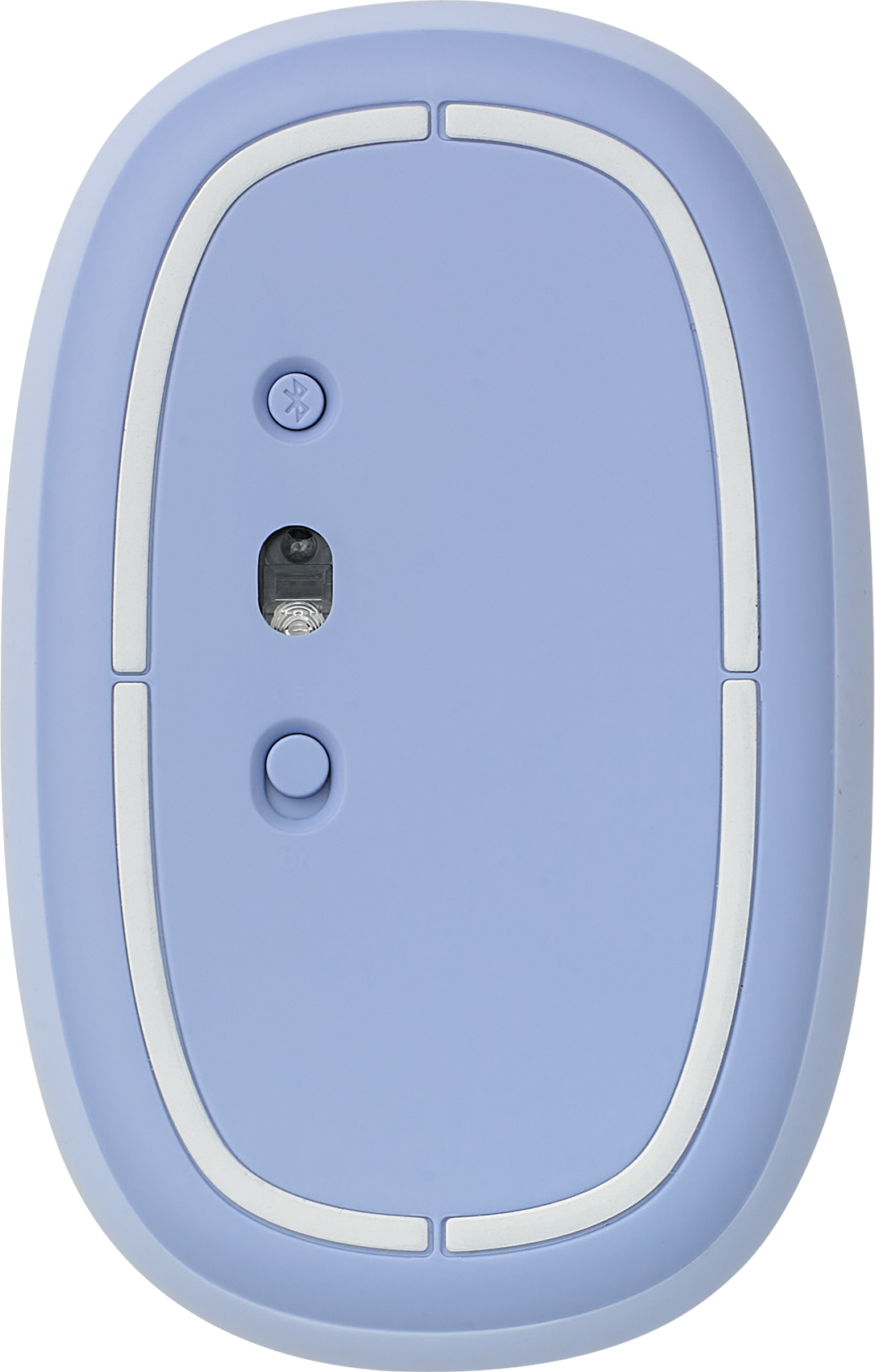 Die Unterseite einer hellblauen Maus mit Bluetooth- und Power-Tasten.