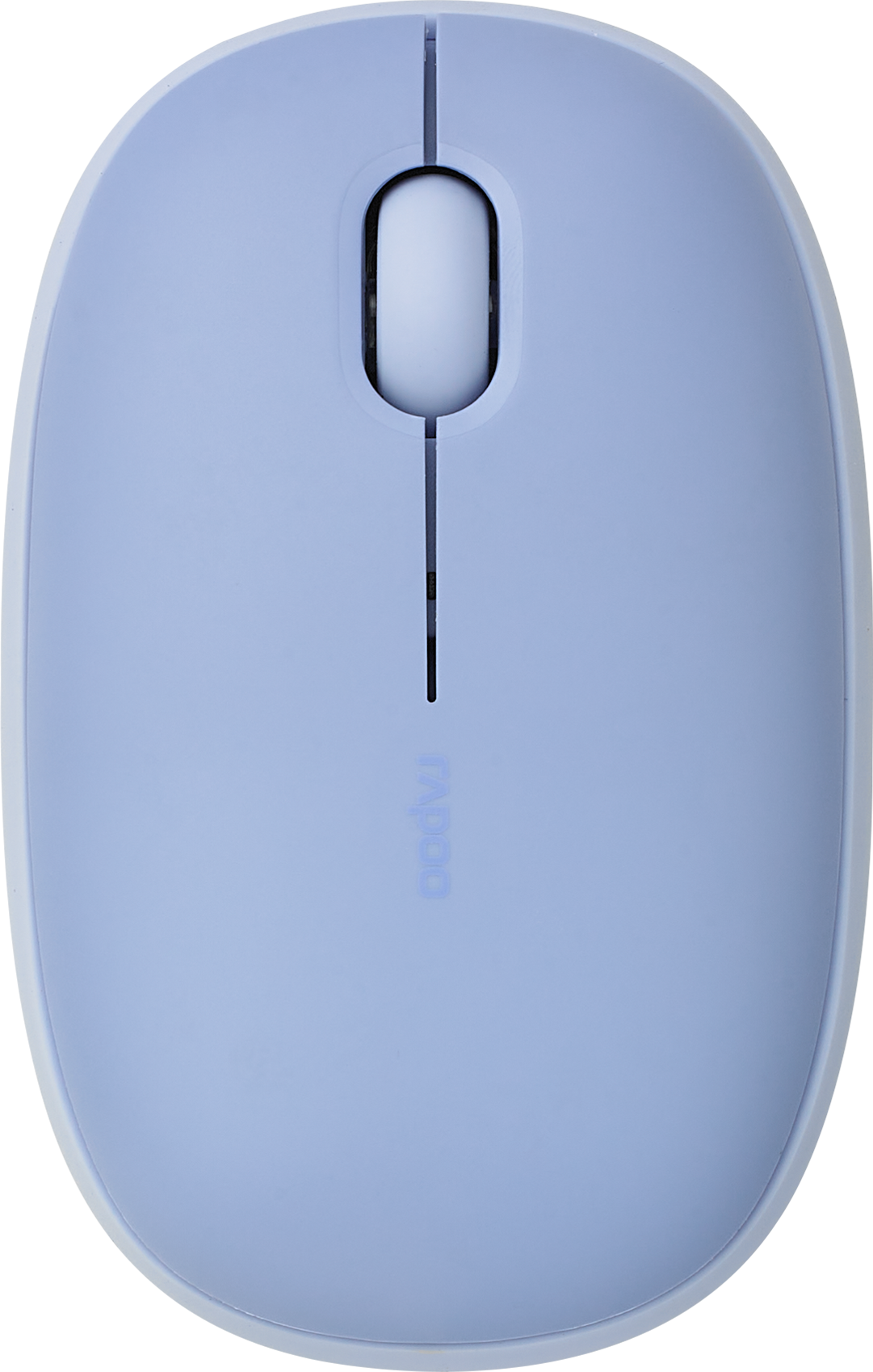 Hellblaue Computermaus. Draufsicht, schlichtes Design, weißer Hintergrund.