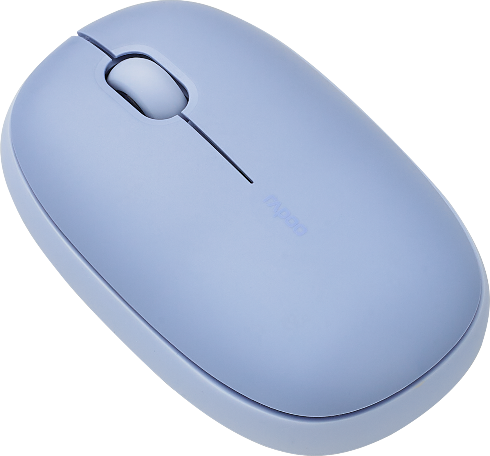 Hellblaue Computermaus. Sie hat ein Scrollrad und die Marke Rapoo ist aufgedruckt.