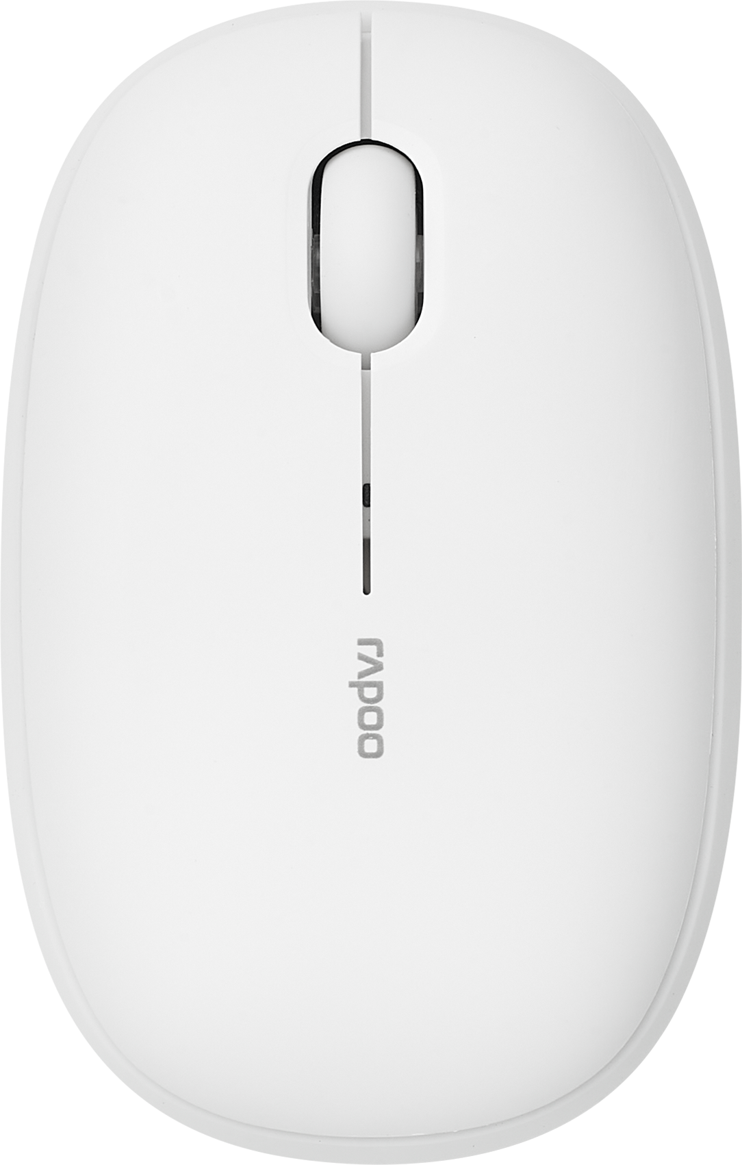 Weiße Computermaus. Die Maus hat ein Scrollrad und das Logo 'rapoo'.