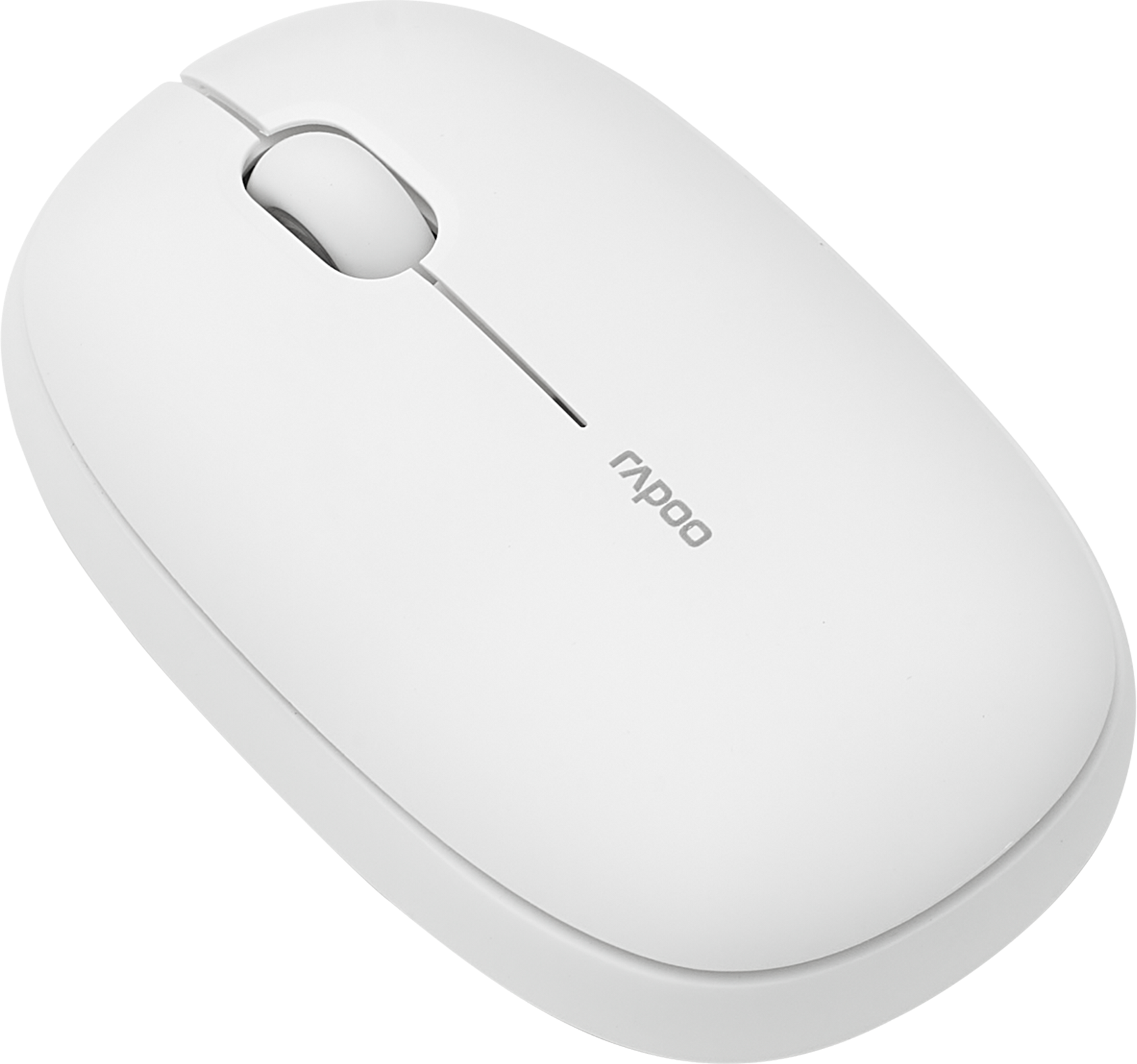 Weiße kabellose Computermaus mit einem Scrollrad und dem Rapoo-Logo in Grau.