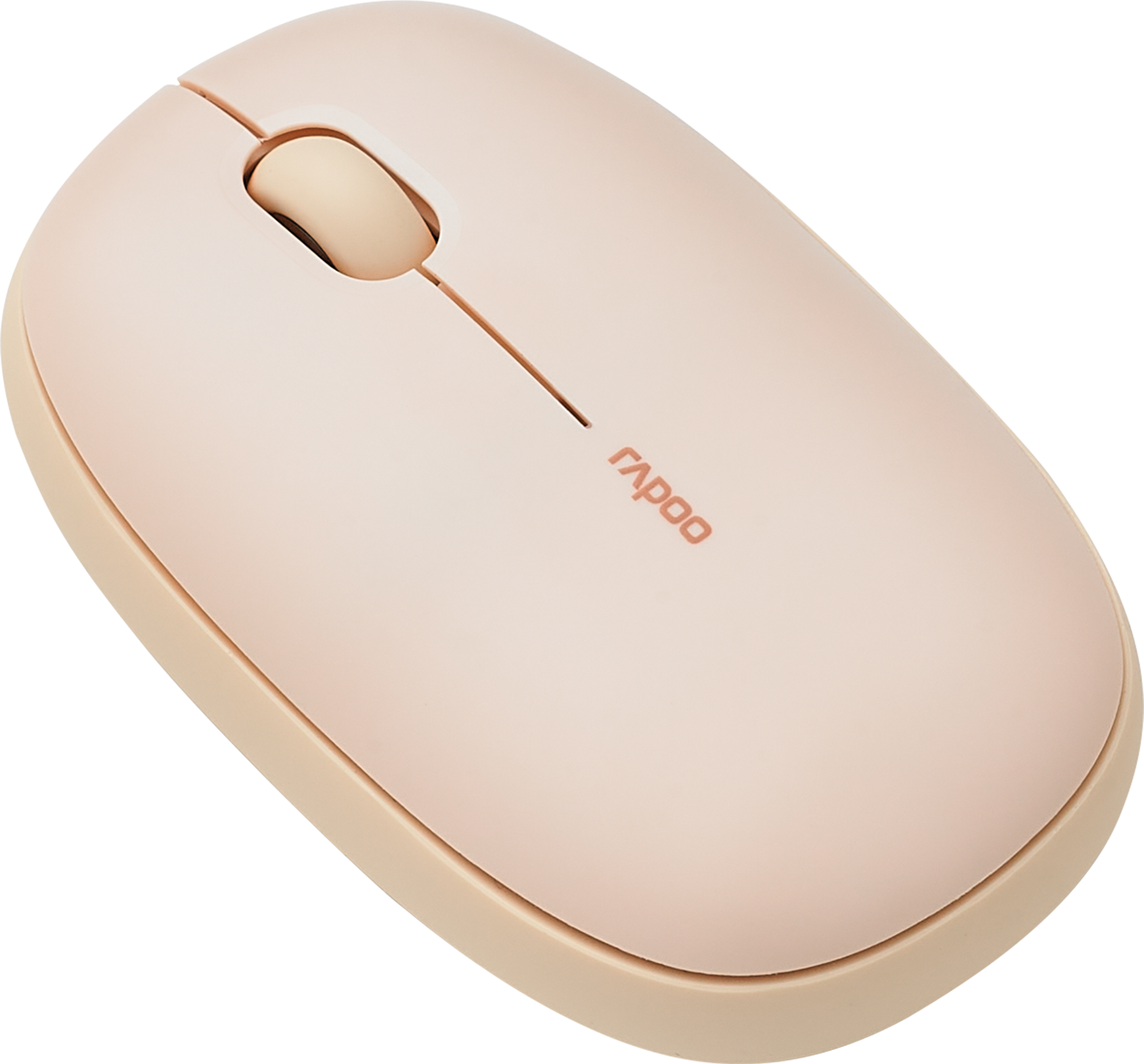 Eine rosa-beige Computermaus mit Scrollrad und Rapoo-Logo.