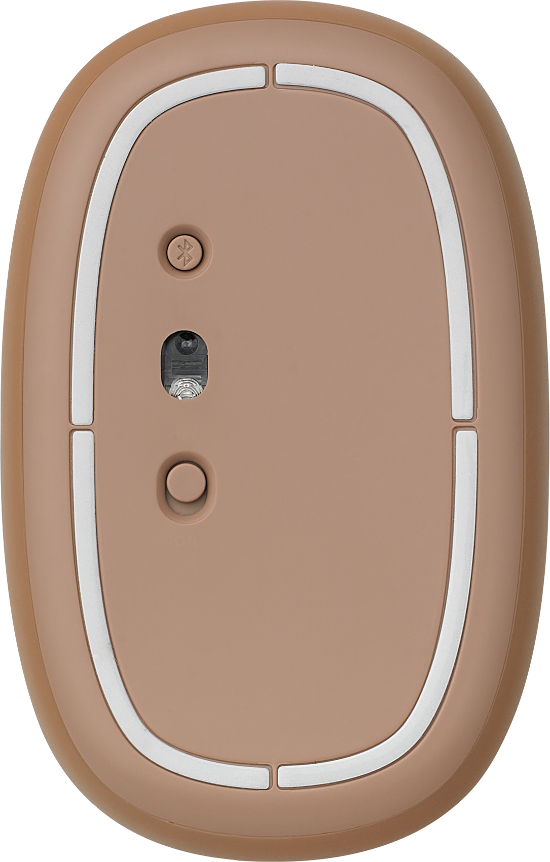 Braune Computermaus, Unteransicht. Mit Tasten und einem Sensor.