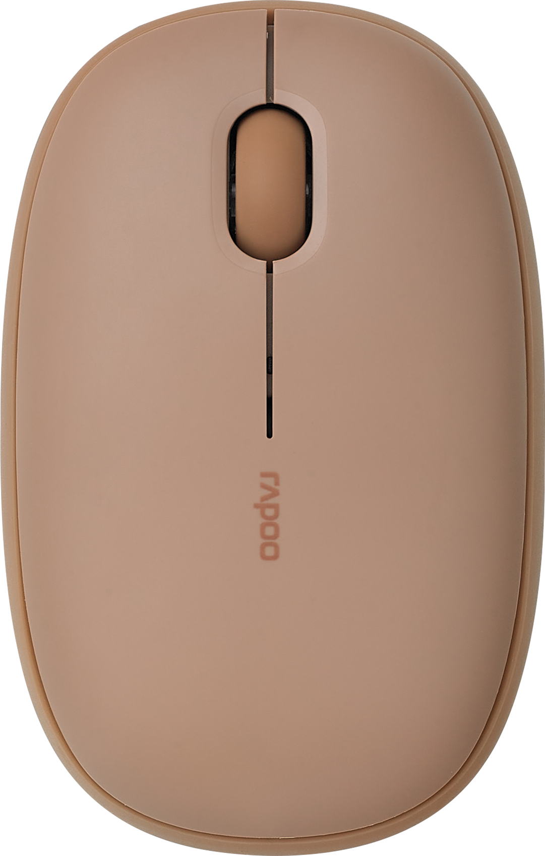 Braune Computermaus, Draufsicht, mit Scrollrad und Rapoo-Logo.