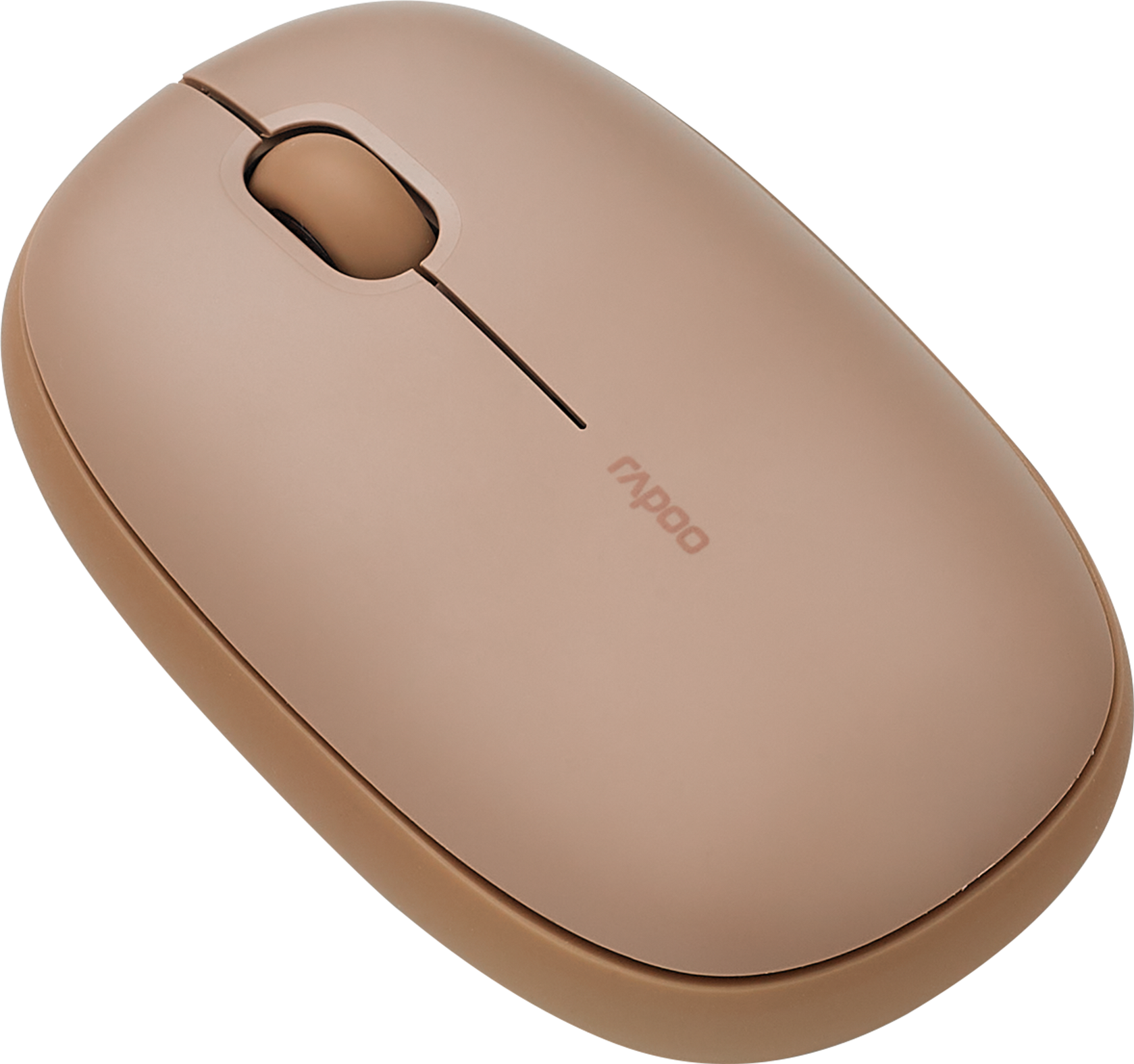 Eine beige Computermaus mit einem Scrollrad und dem Wort „rapoo“ auf der Seite. Die Maus ist auf schwarzem Grund.