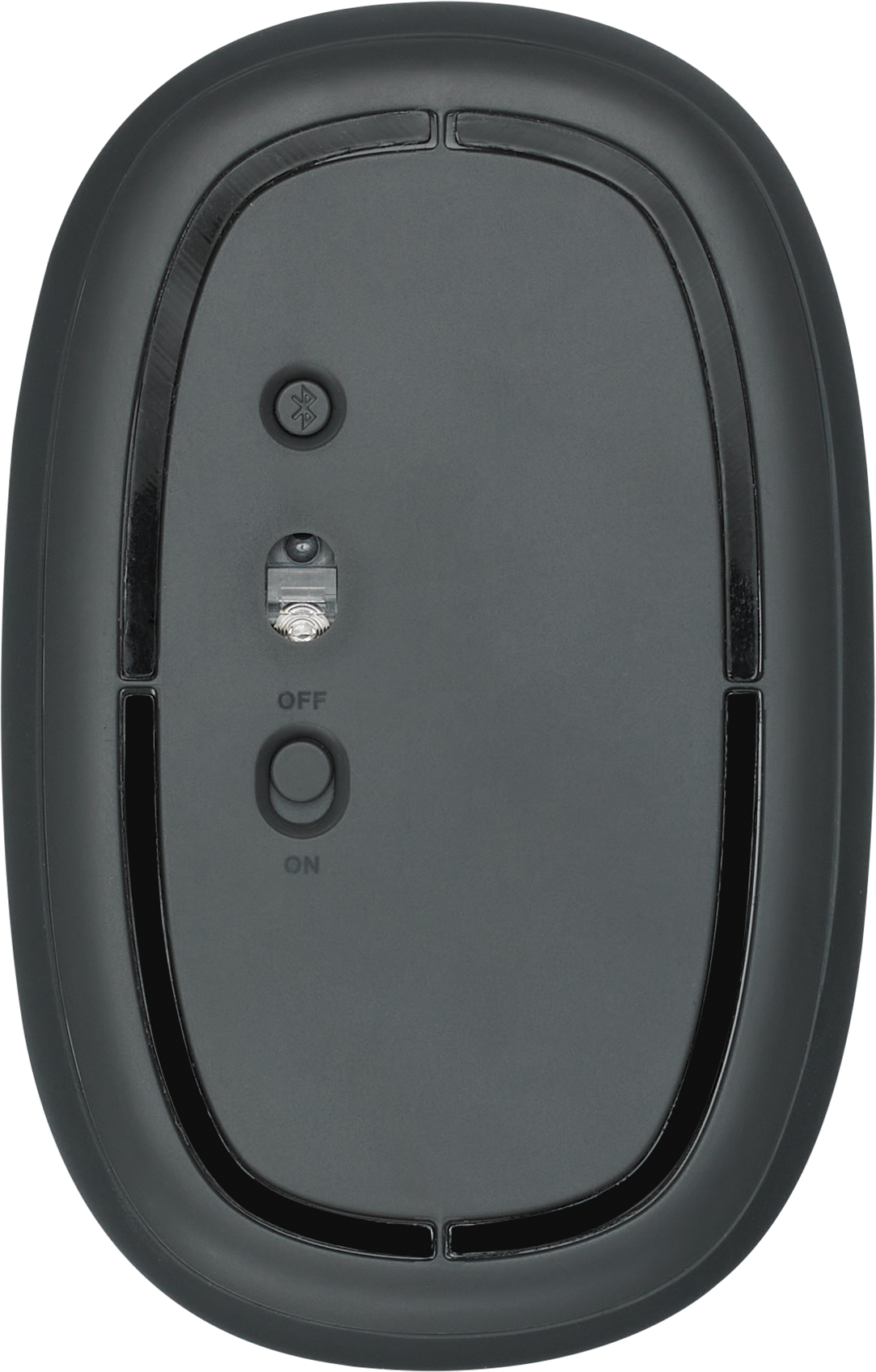 Die Unterseite einer dunkelgrauen Computermaus. Sie hat einen Ein/Aus-Schalter und ein Bluetooth-Symbol.