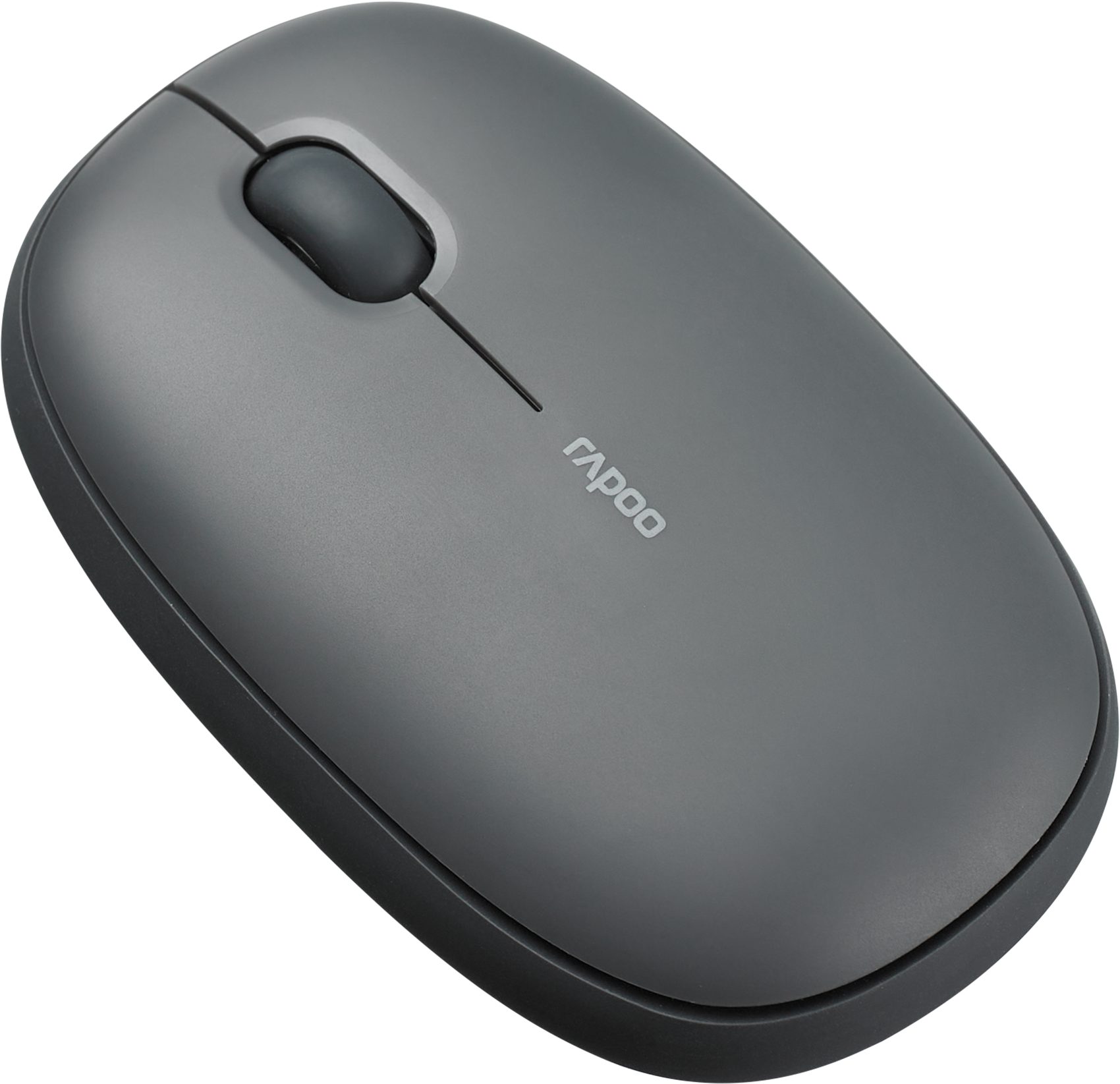 Graue Computermaus mit schwarzem Scrollrad und dem Logo "rapoo".