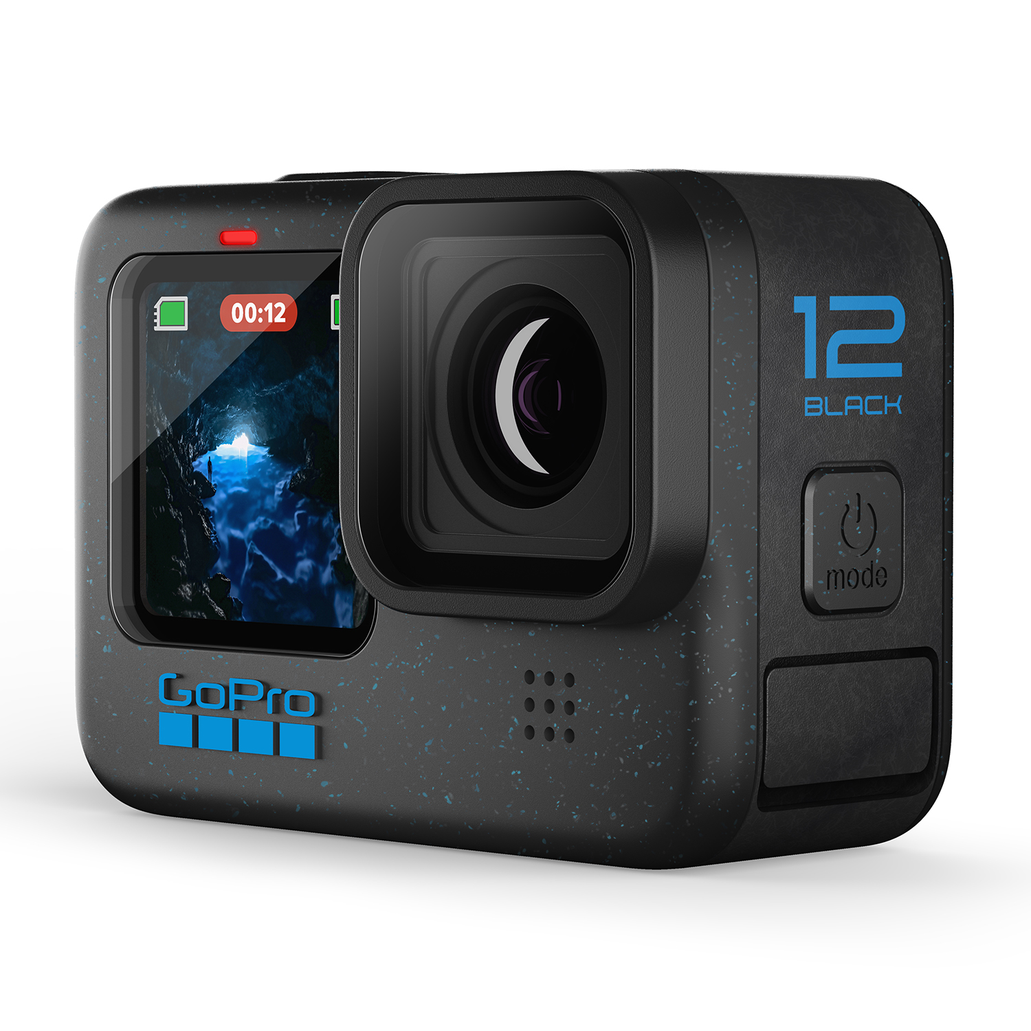 GoPro 12 Black action camera, nera con scritte blu, che mostra uno schermo e un pulsante modalità.