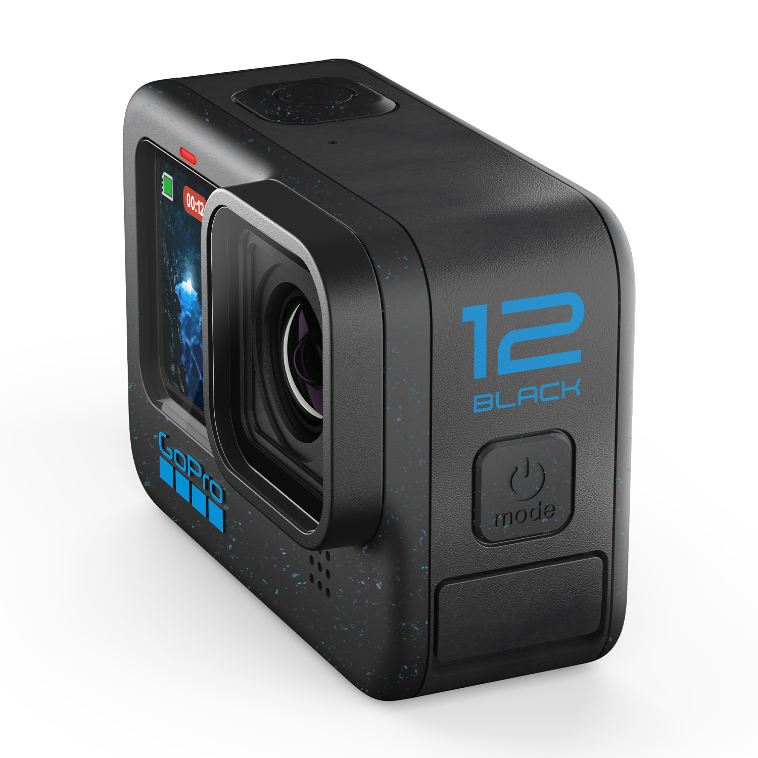 Una action cam GoPro 12 Black, prevalentemente nera, con dettagli blu e uno schermo.