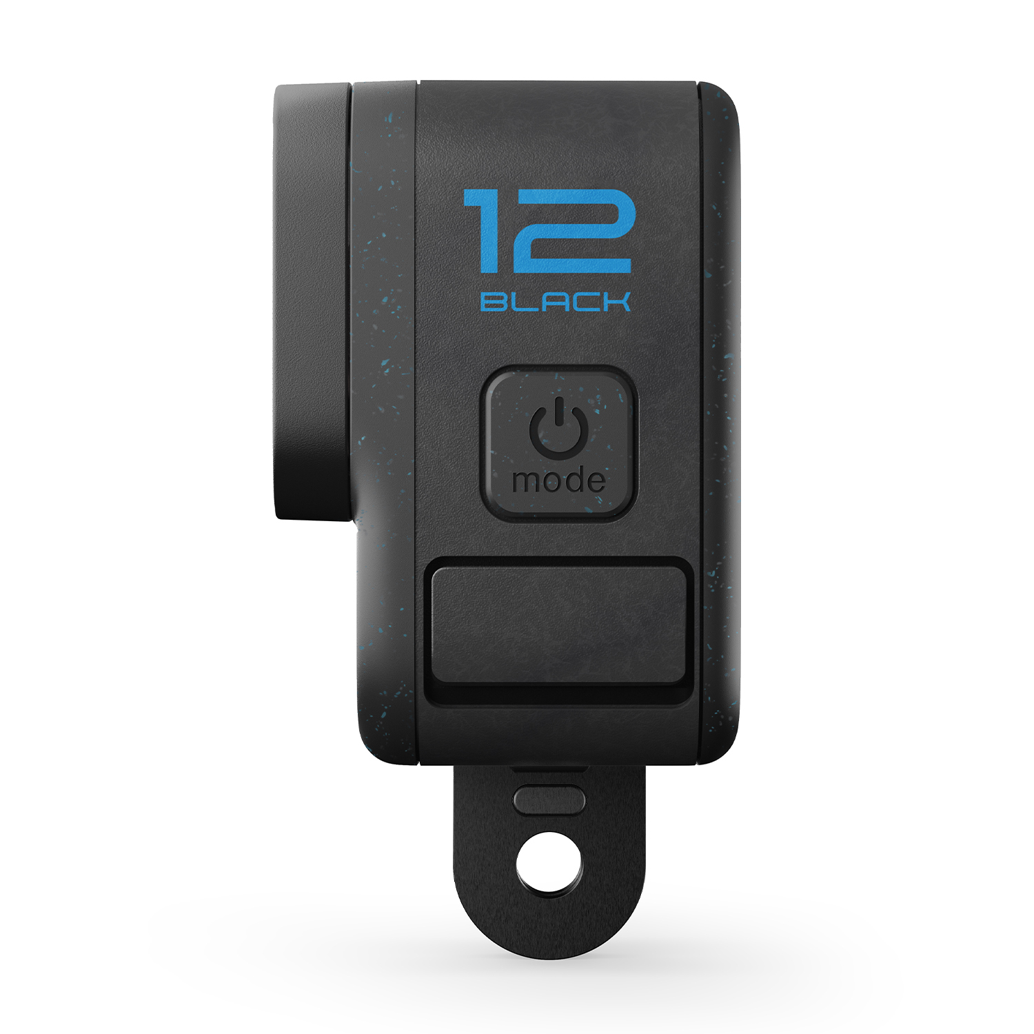 Fotocamera GoPro nera con testo '12 BLACK'.