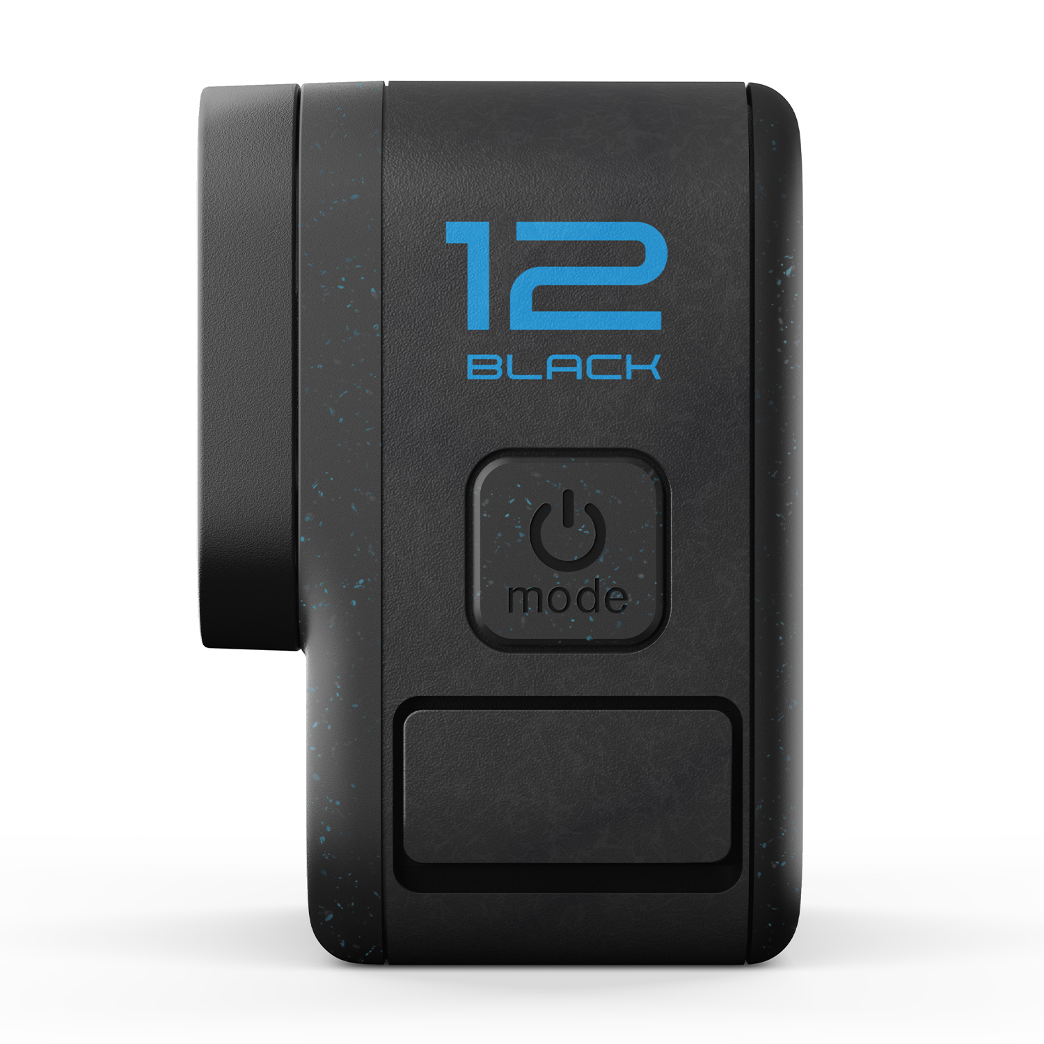 Fotocamera GoPro 12 Black nera, pulsante di accensione e modalità visibili.