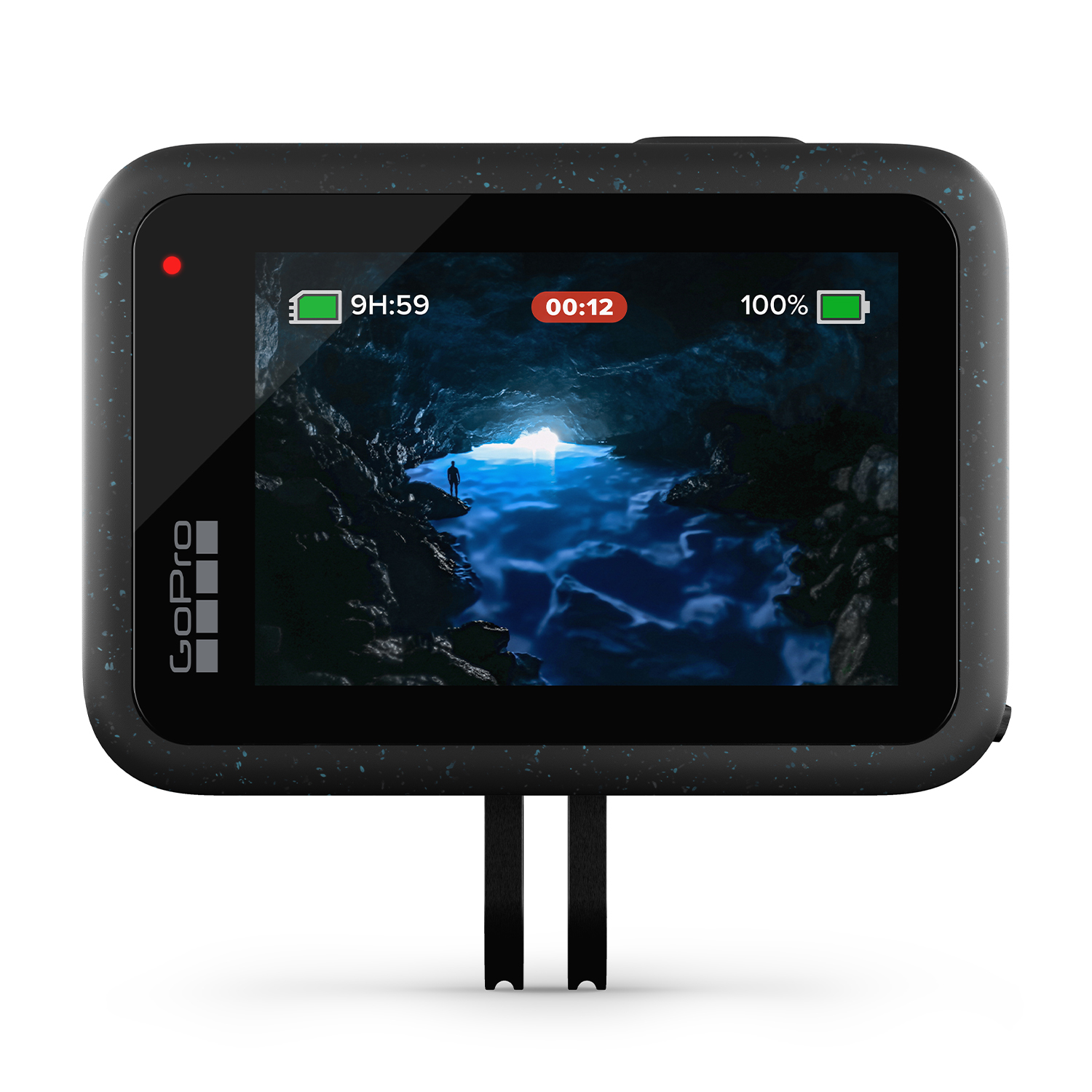 Fotocamera GoPro che mostra una scena di grotta sullo schermo con informazioni su tempo e batteria.