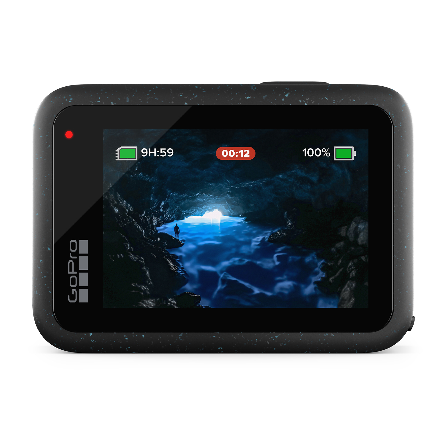 Una fotocamera GoPro che mostra una scena di grotta subacquea.