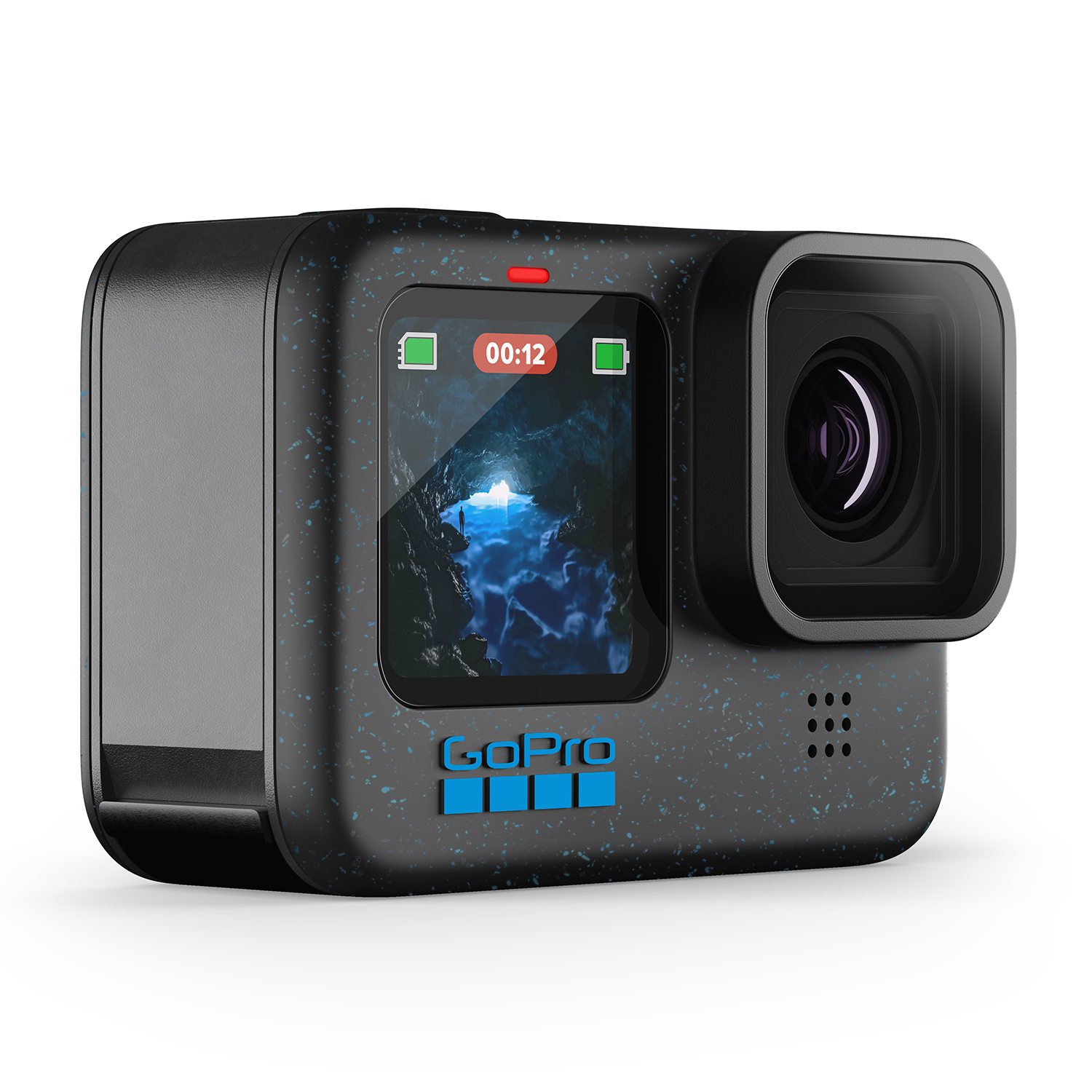 Fotocamera GoPro nera con uno schermo che mostra una scena di grotta e una spia rossa di registrazione.