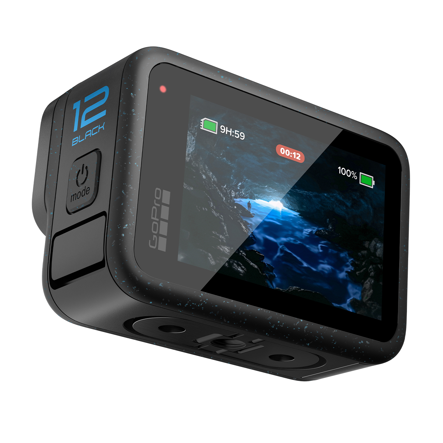 Una fotocamera GoPro nera, che mostra uno schermo con registrazione video, durata della batteria e ora.
