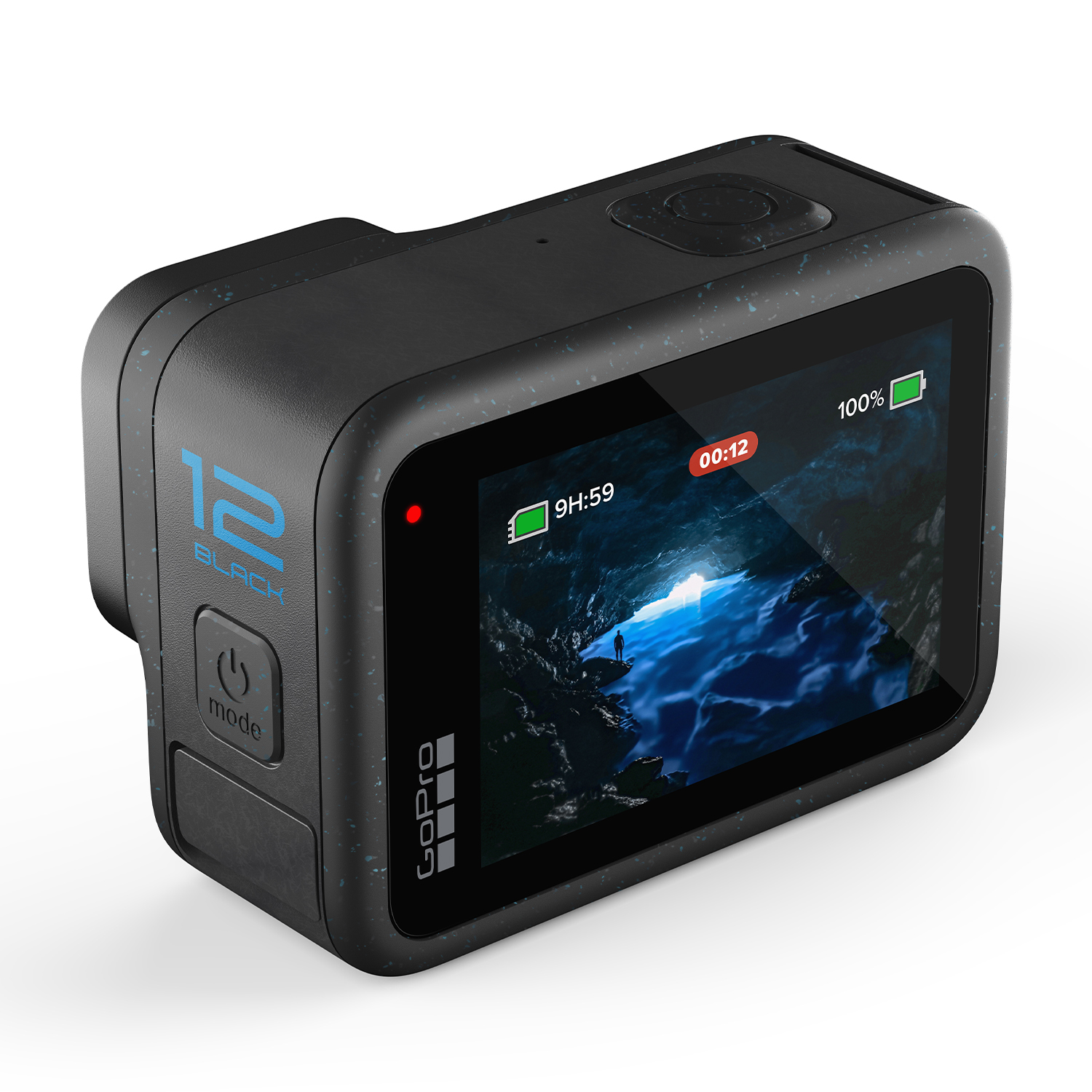Action cam nera con schermo che mostra video e informazioni sulla batteria.