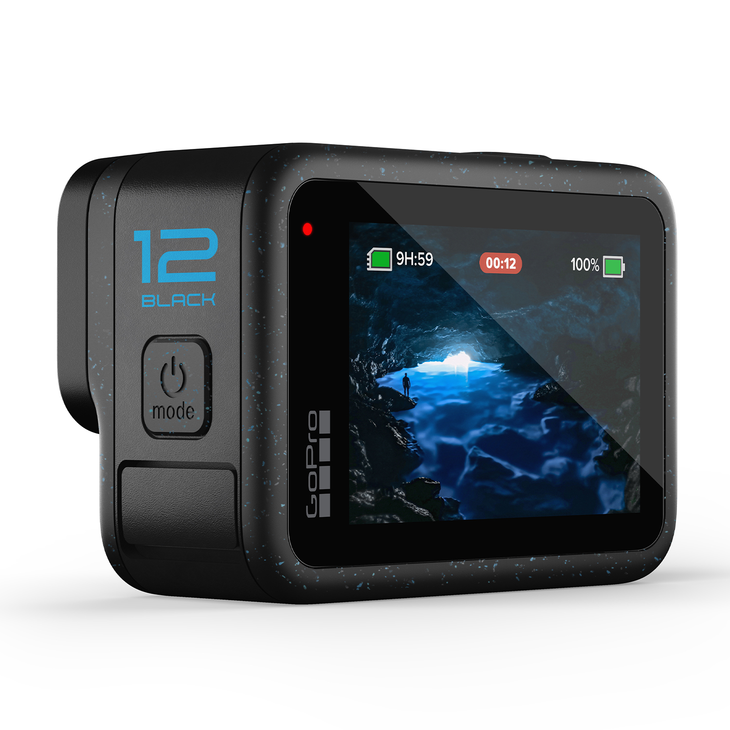 GoPro 12 Black action camera, che mostra uno schermo con una vista sul mare e un uomo in acqua.