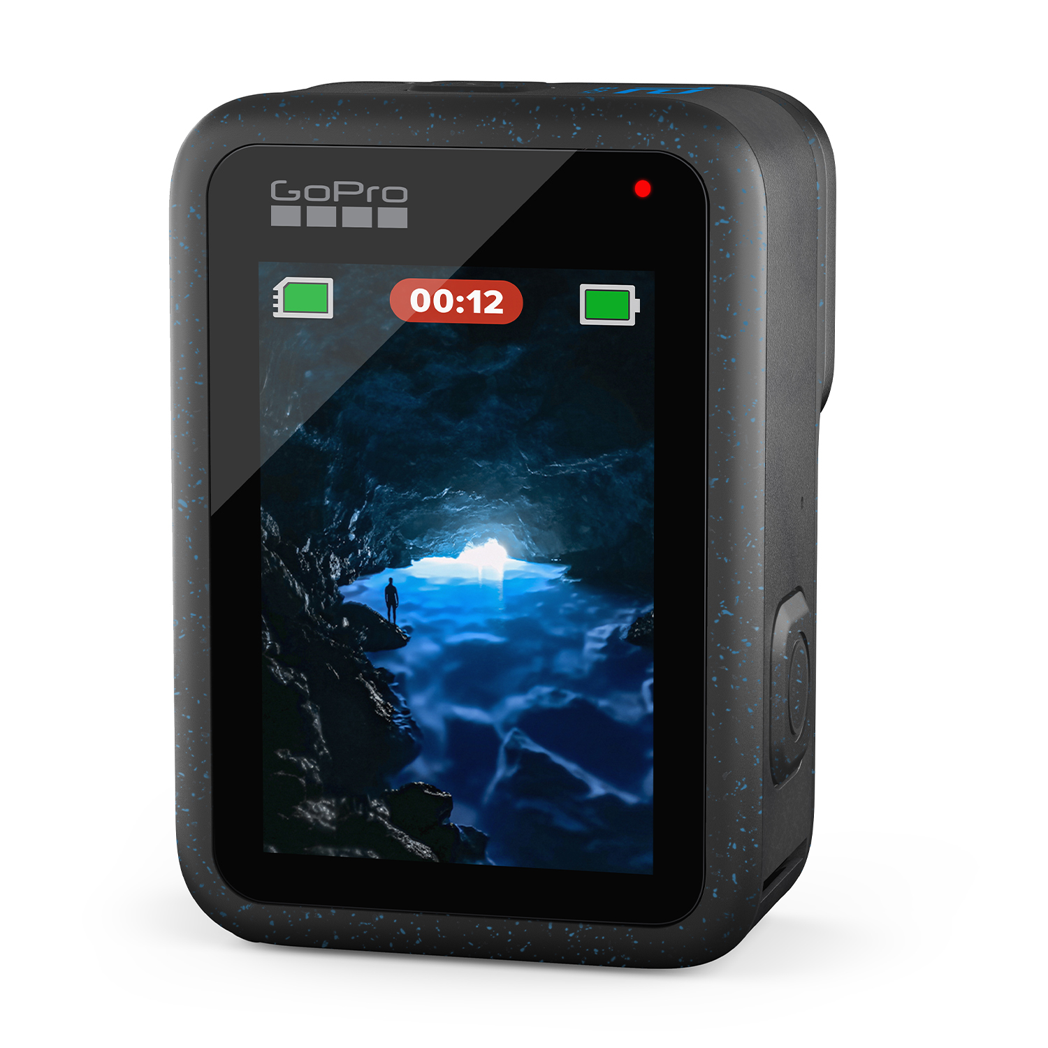 Fotocamera GoPro che mostra l'interno di una grotta e display dell'ora, nero e blu.