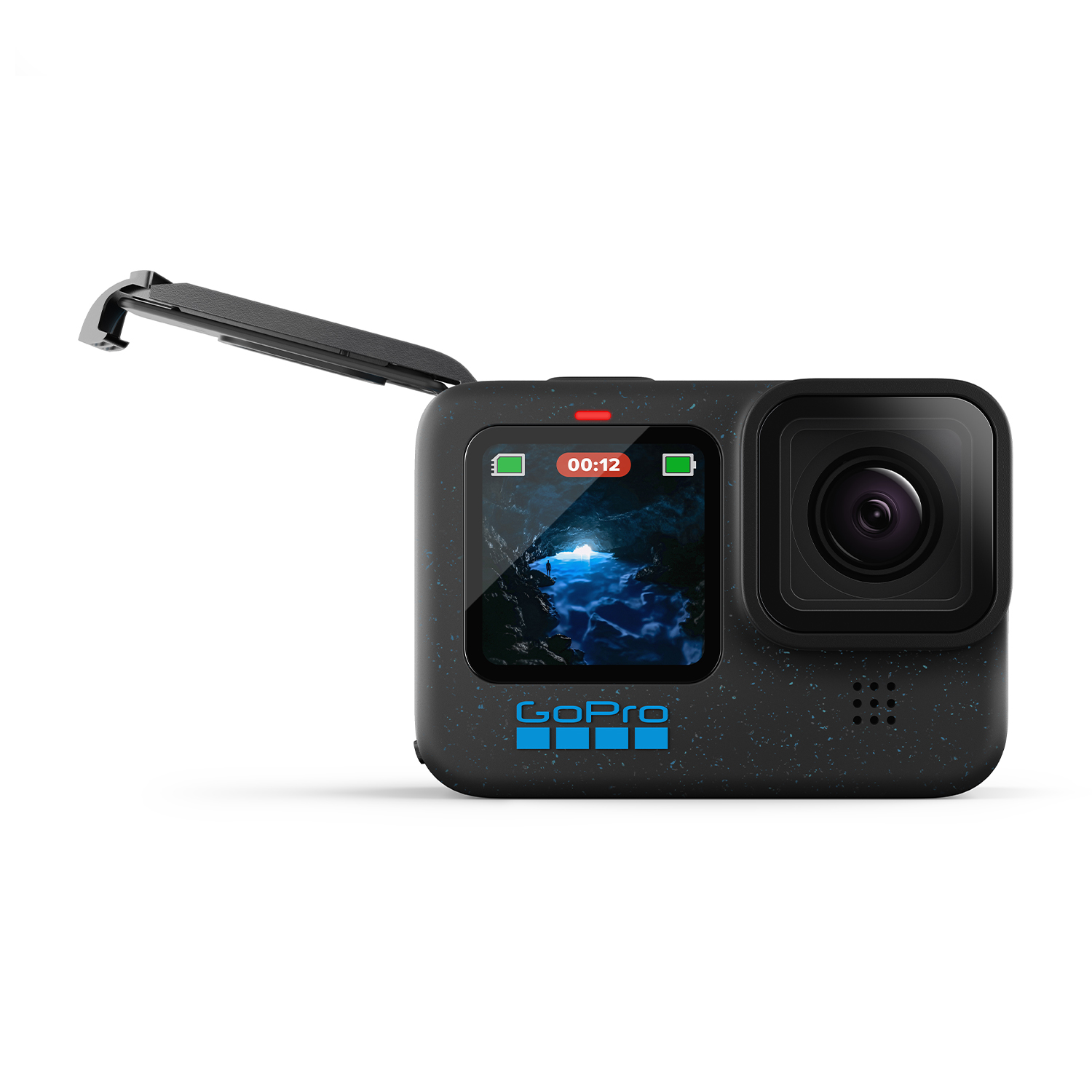 Fotocamera GoPro con schermo acceso, che mostra un'inquadratura del paesaggio, corpo nero maculato.