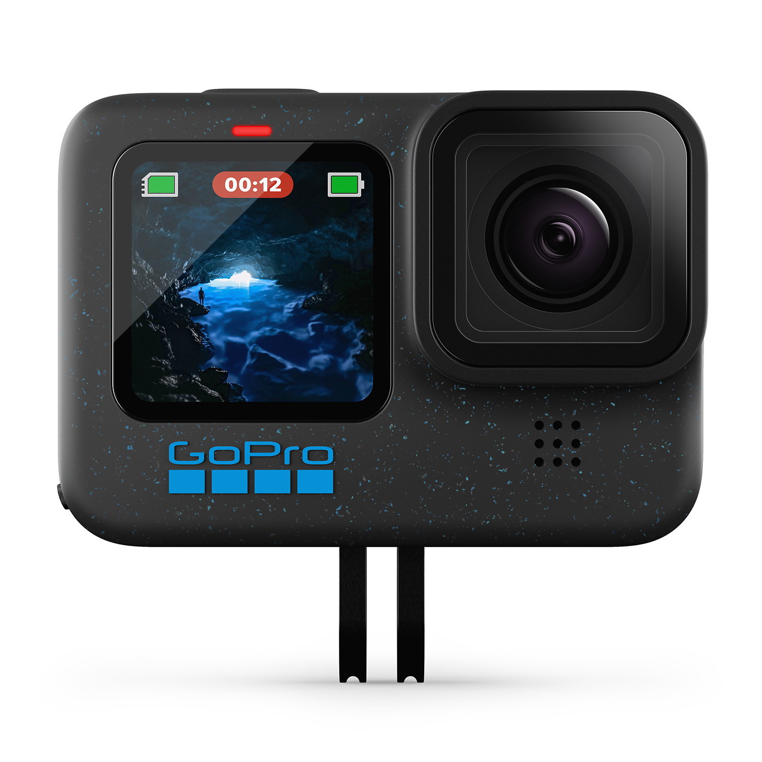 Fotocamera GoPro con un design nero maculato. Visualizza uno schermo con una persona e una scena di grotta.