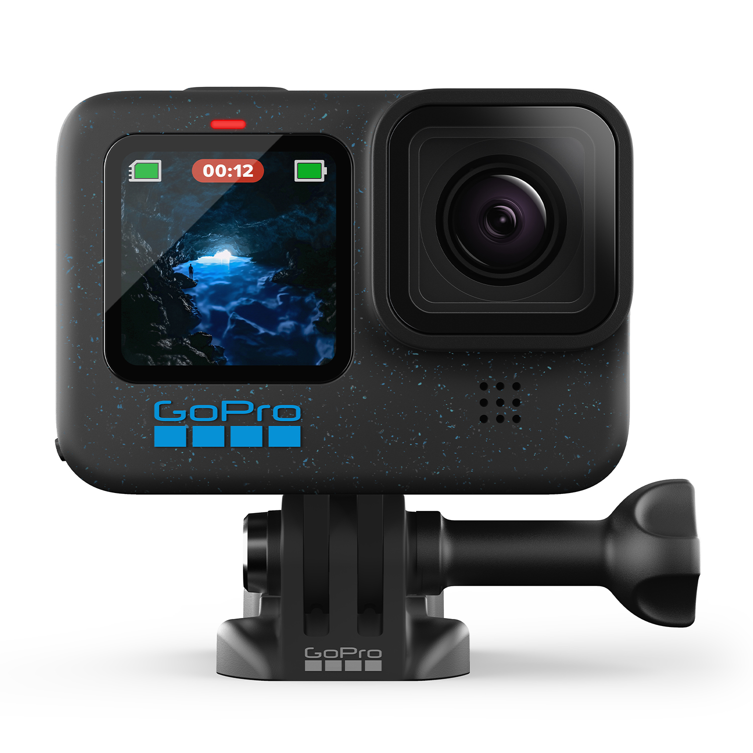 Fotocamera GoPro, nera e blu. Il display mostra una scena subacquea blu. Supporto nero.