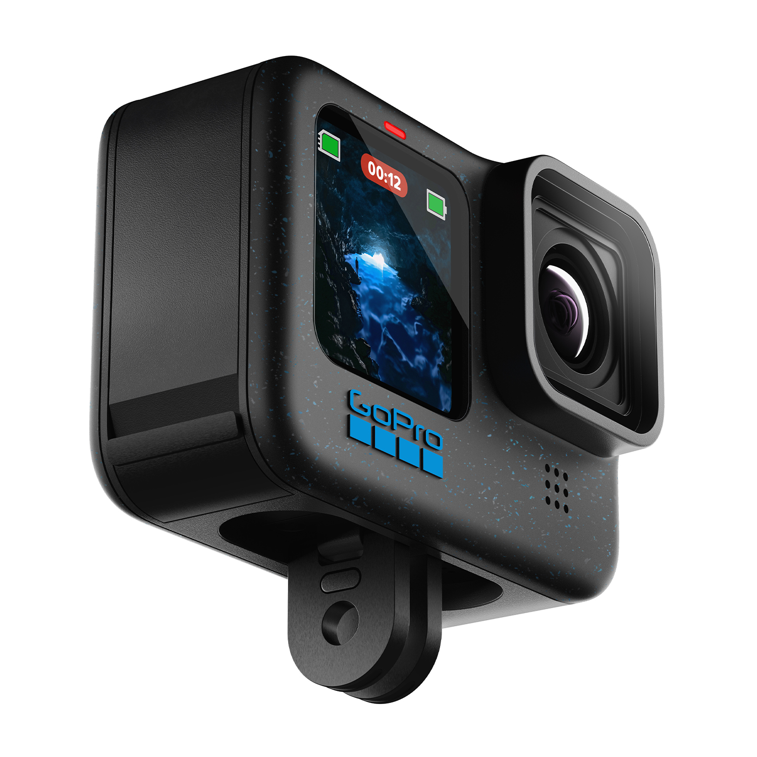 Videocamera GoPro nera, display mostra scena subacquea blu. Logo GoPro blu laterale.