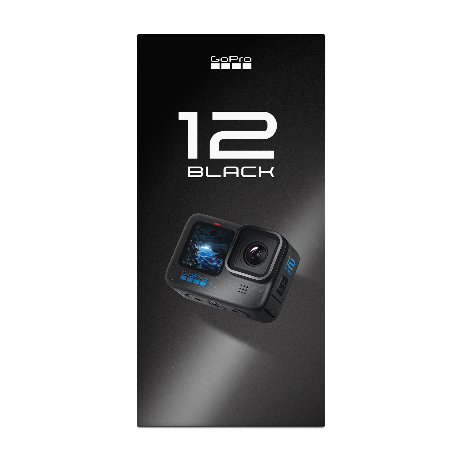 Fotocamera GoPro 12 Black in una scatola con il logo GoPro.