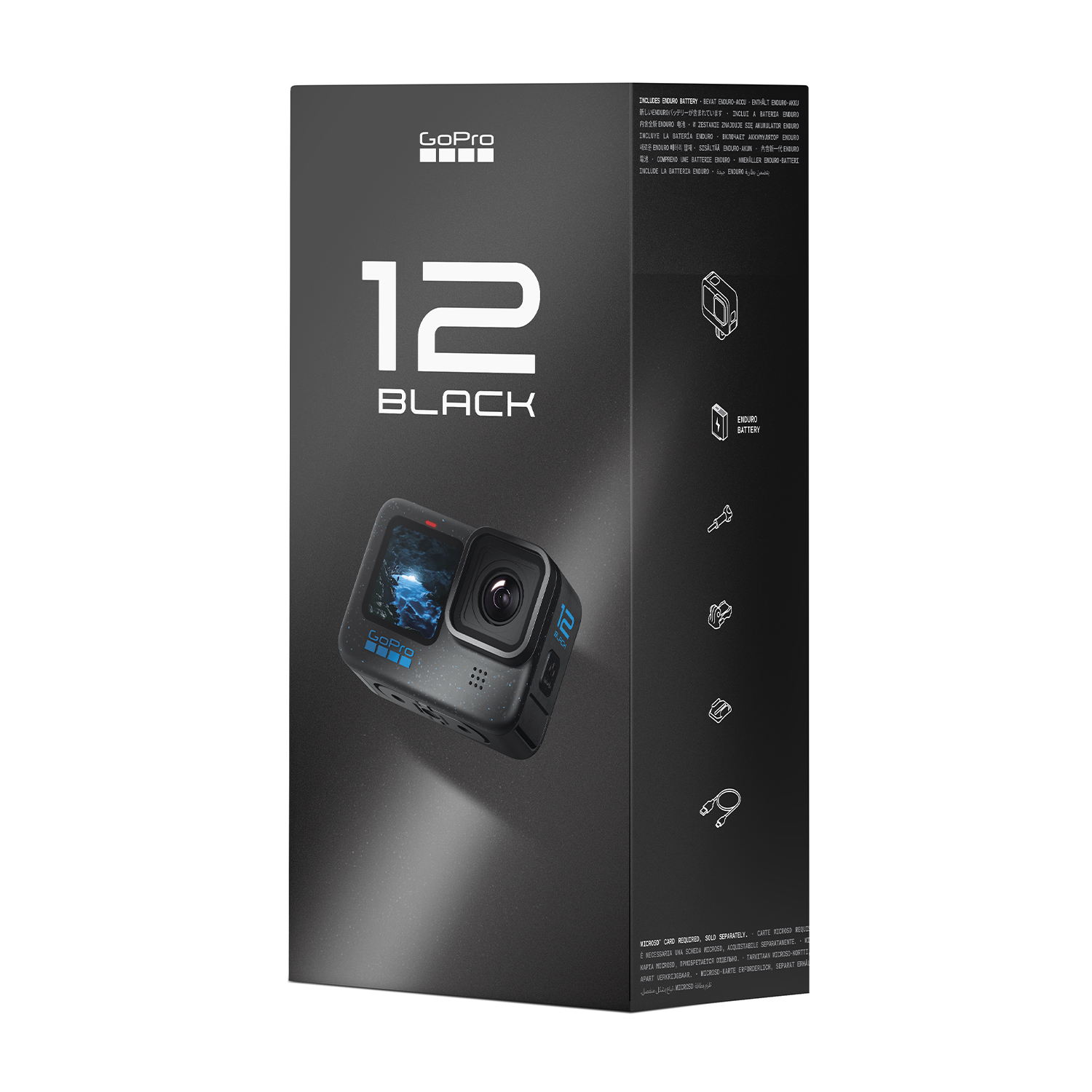Una scatola della fotocamera GoPro 12 Black con una foto della fotocamera.