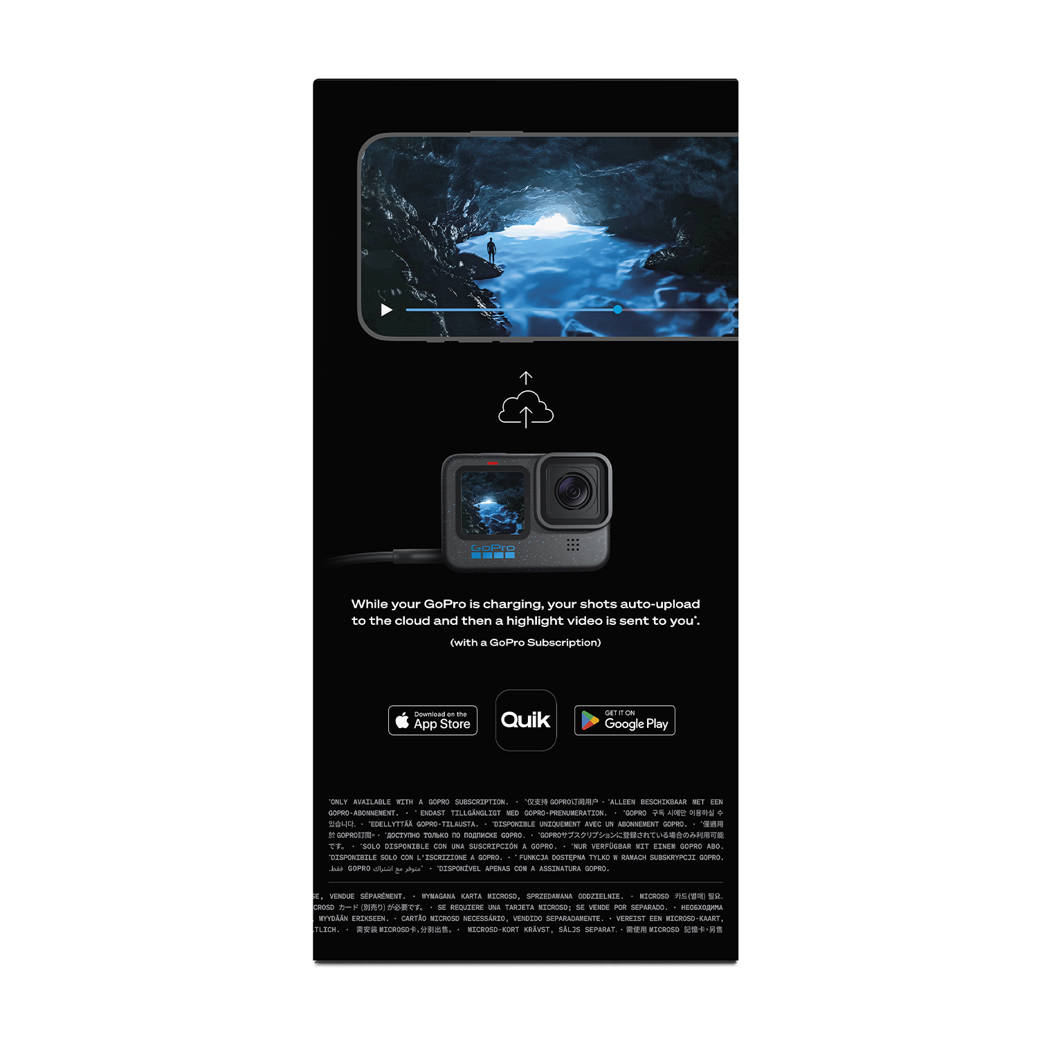 Una grafica promozionale per un abbonamento GoPro. Include un telefono, nuvole e dettagli del prodotto.