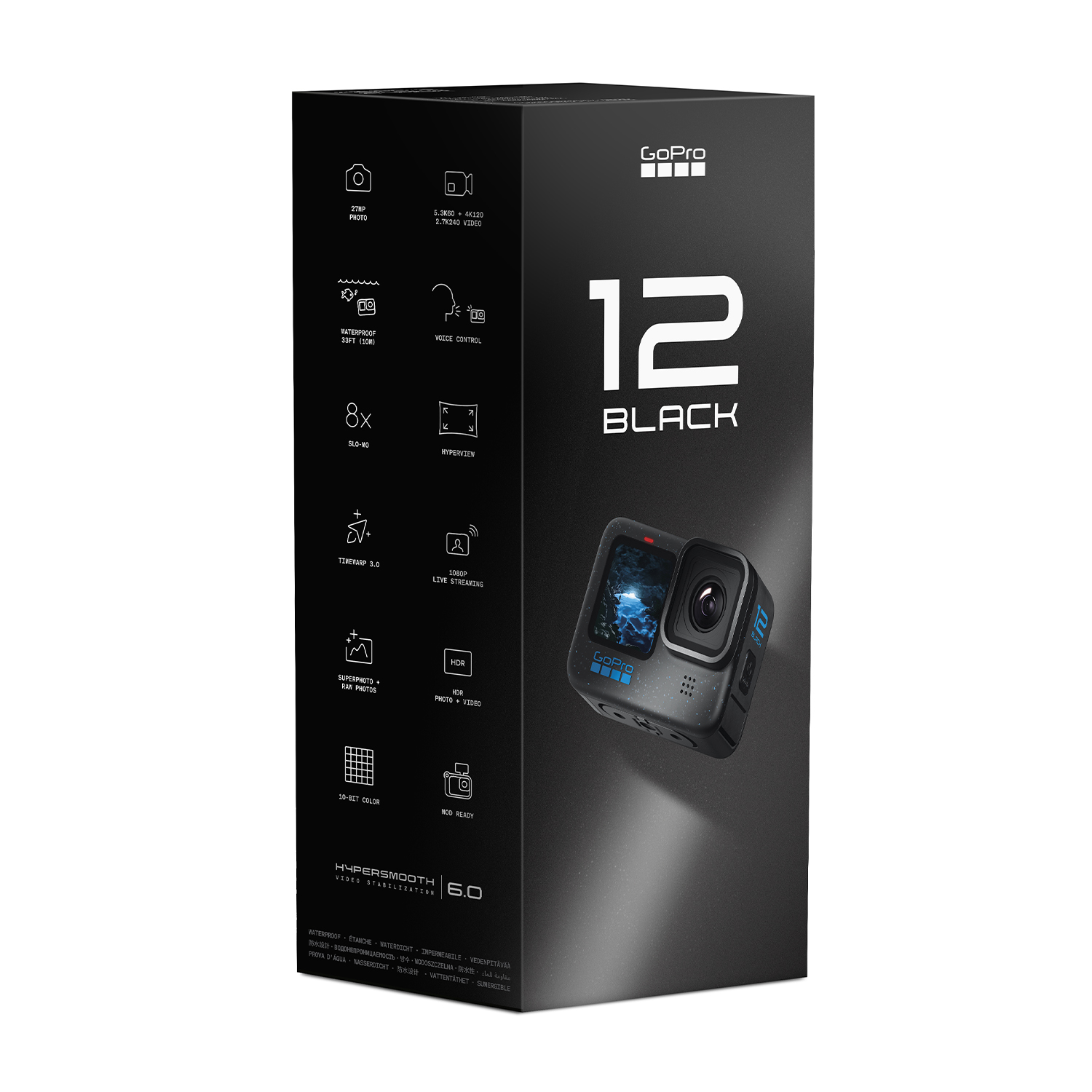 Scatola nera della fotocamera GoPro. L'immagine e i dettagli della fotocamera sono visibili.
