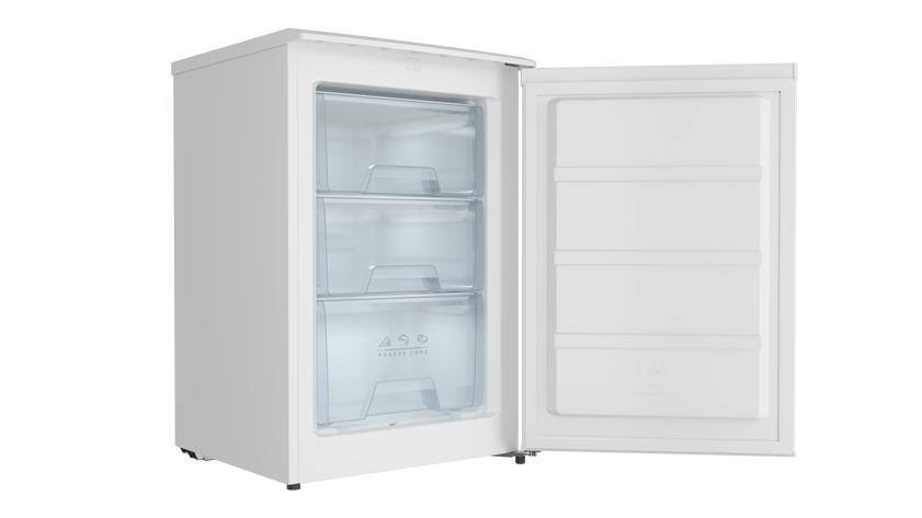 Un refrigerador blanco con tres cajones y la puerta abierta.
